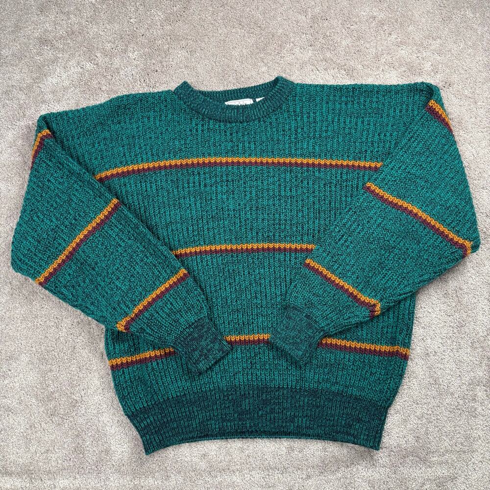 Men's Store Sears Size XL Green Striped Knit Sweater Vintage Crewneck Grandpa